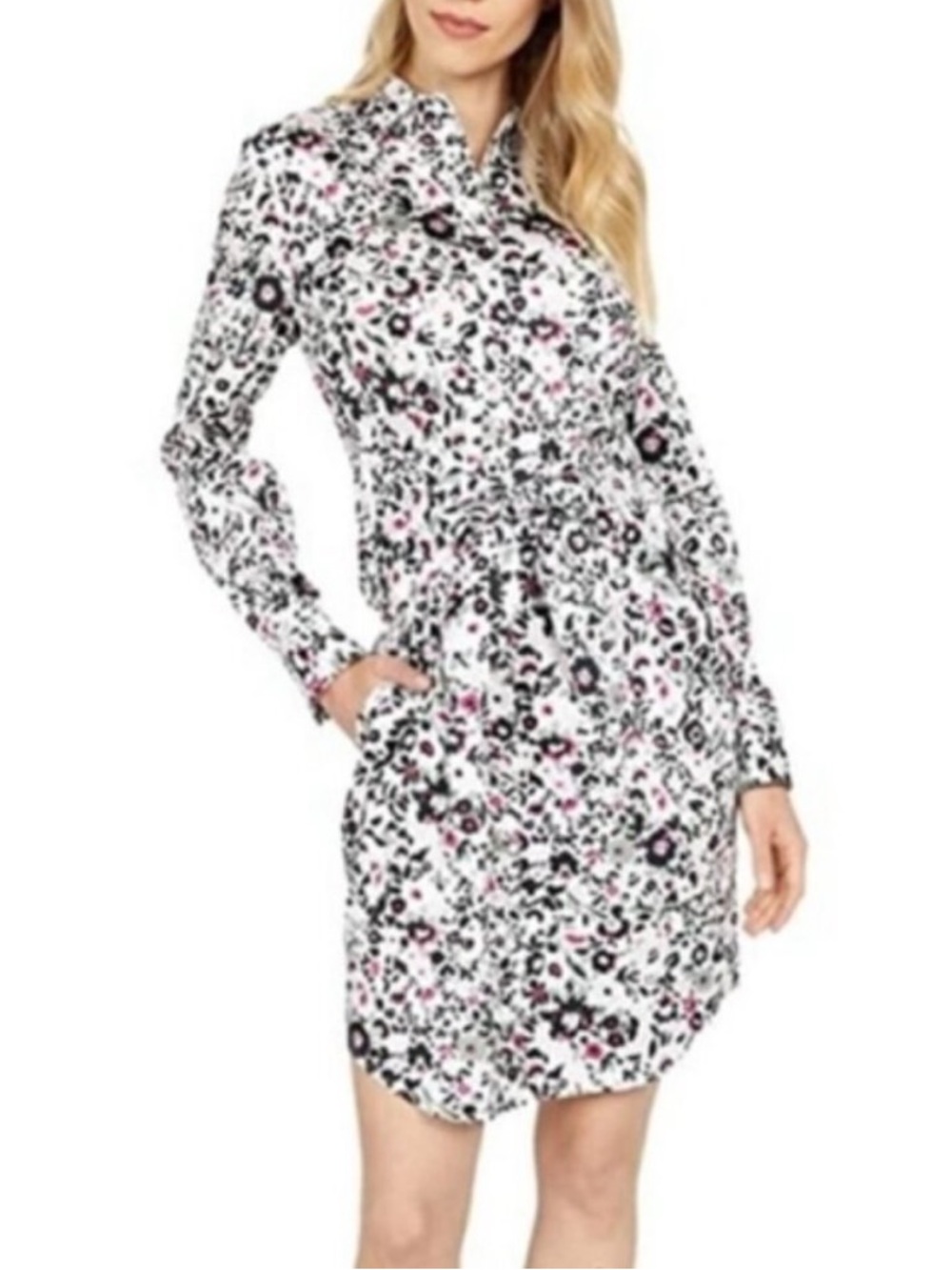 UNTUCKit Simone Tie Waist White Pink Green Floral Buttoned Stretch Shirt Dress 4 - Picture 1 of 9